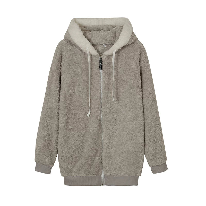 Loose Plush Zipper Hooded Jacket for Women