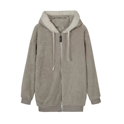 Loose Plush Zipper Hooded Jacket for Women