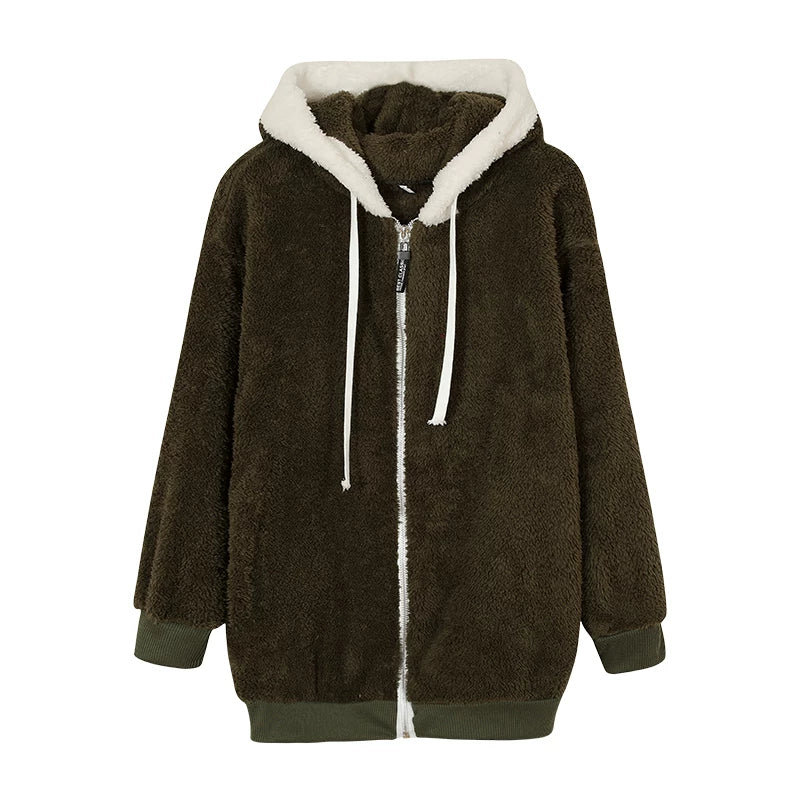 Loose Plush Zipper Hooded Jacket for Women