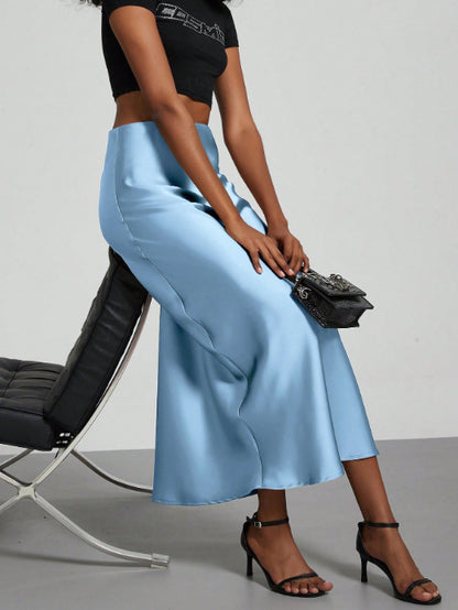 Elegant Satin Midi Skirt in Solid Colors