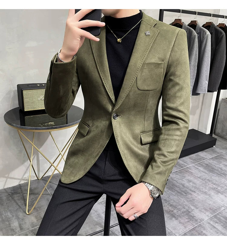 Men's Deerskin Fleece Blazer Single Button Suit Coat
