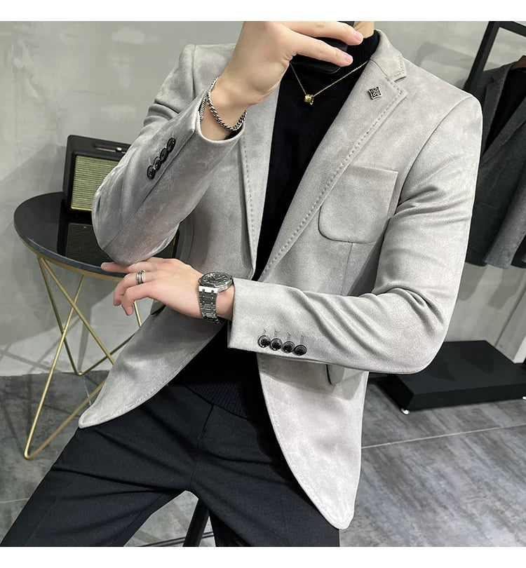 Men's Deerskin Fleece Blazer Single Button Suit Coat