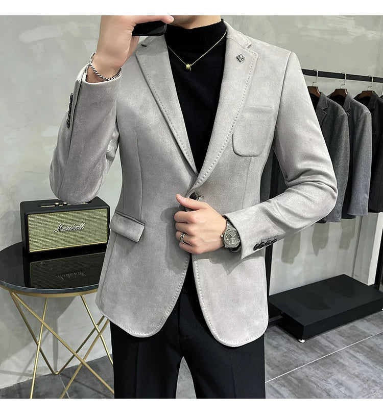 Men's Deerskin Fleece Blazer Single Button Suit Coat
