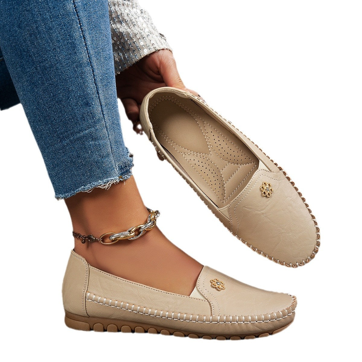 Large Size Women's Loafers in PU - Camel Color