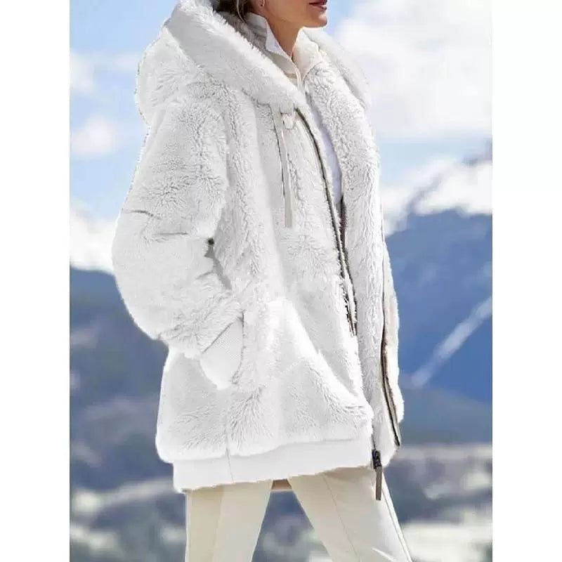 Loose Plush Zipper Hooded Jacket for Women