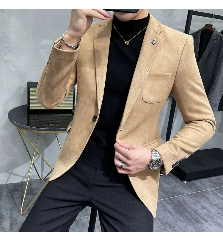 Men's Deerskin Fleece Blazer Single Button Suit Coat