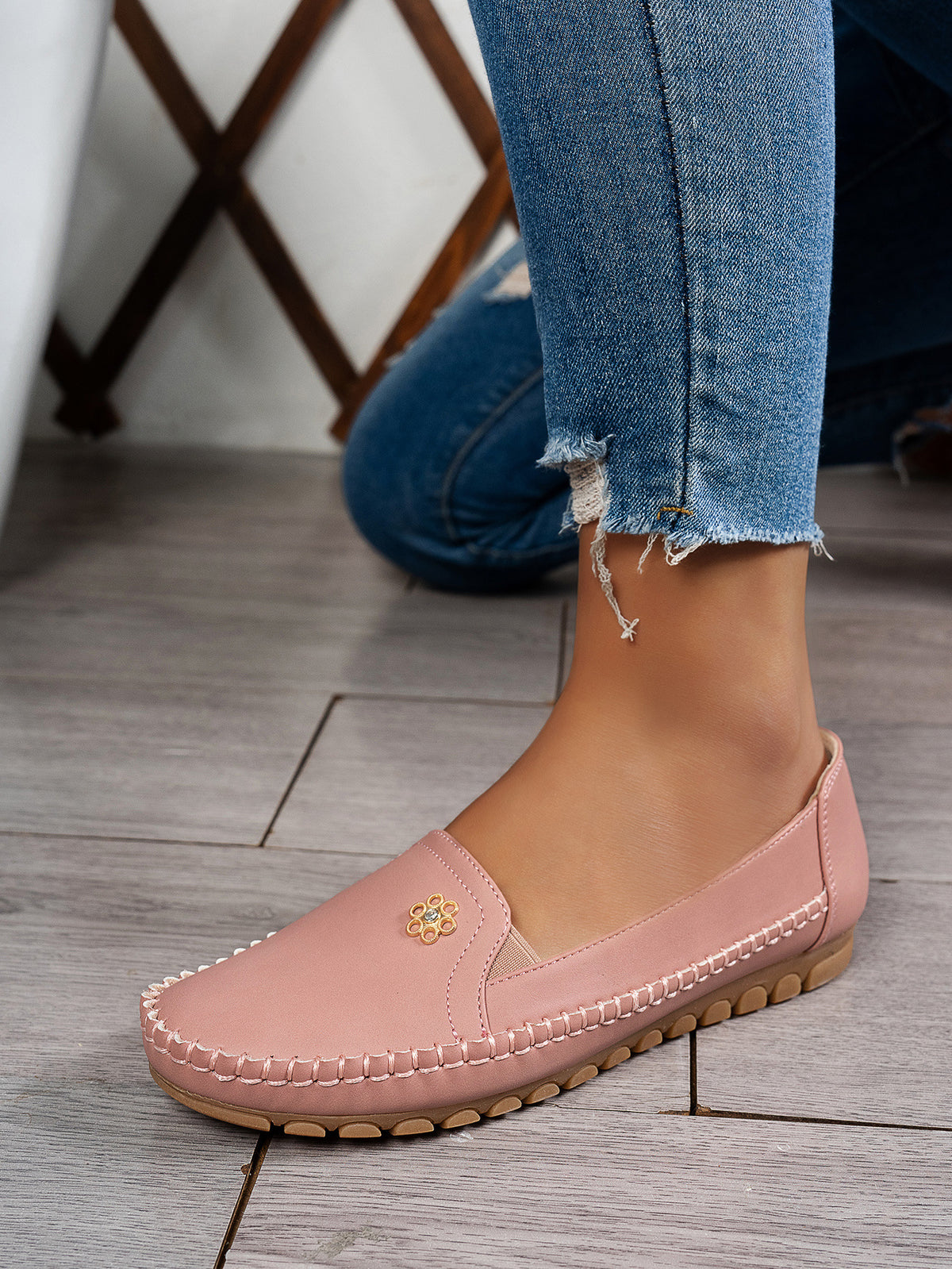Large Size Women's Loafers in PU - Camel Color