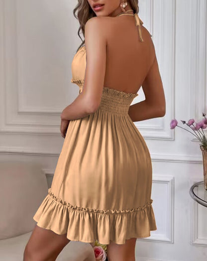 Deep V Rope Suspender Pleated Dress in Olive Green