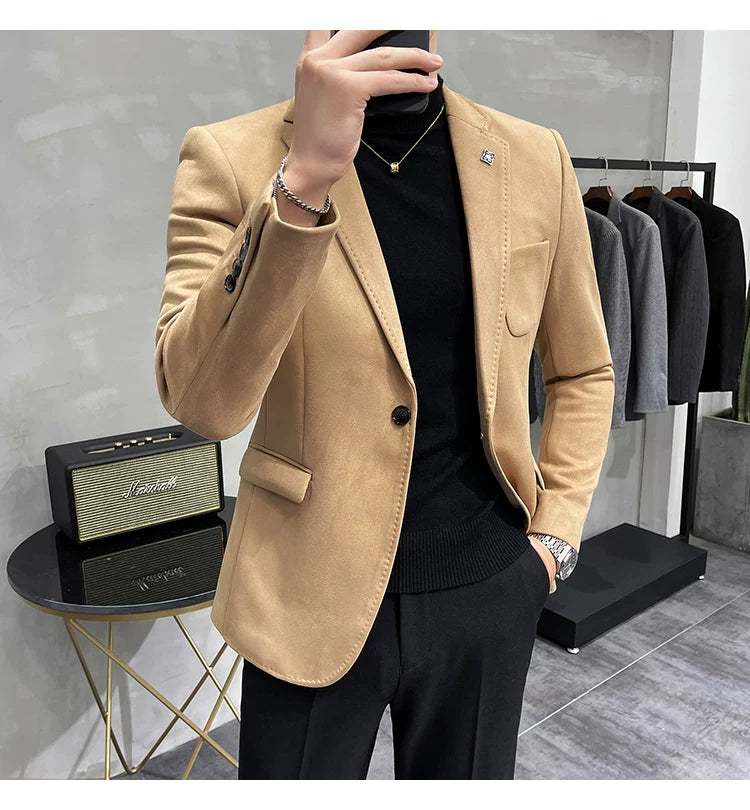 Men's Deerskin Fleece Blazer Single Button Suit Coat