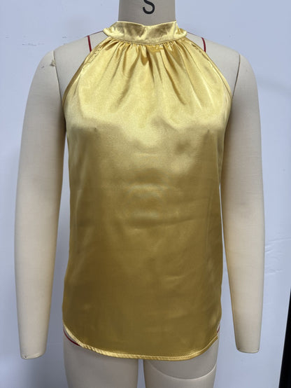 Satin Off-Shoulder Halter Top in Ginger Yellow
