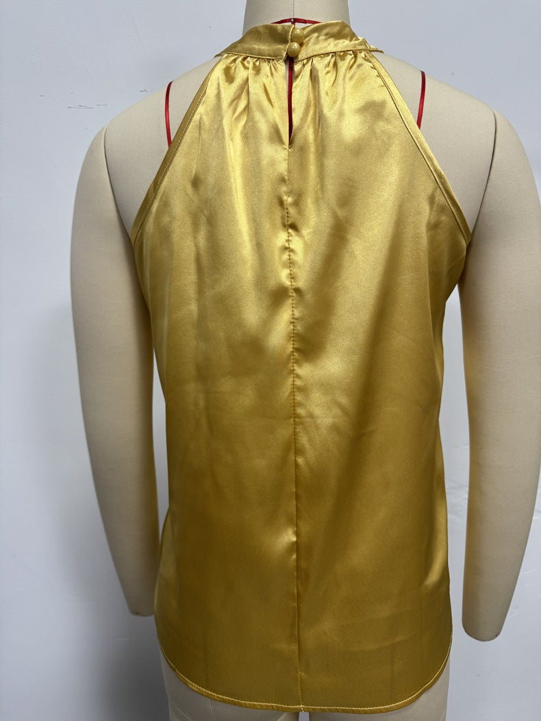 Satin Off-Shoulder Halter Top in Ginger Yellow