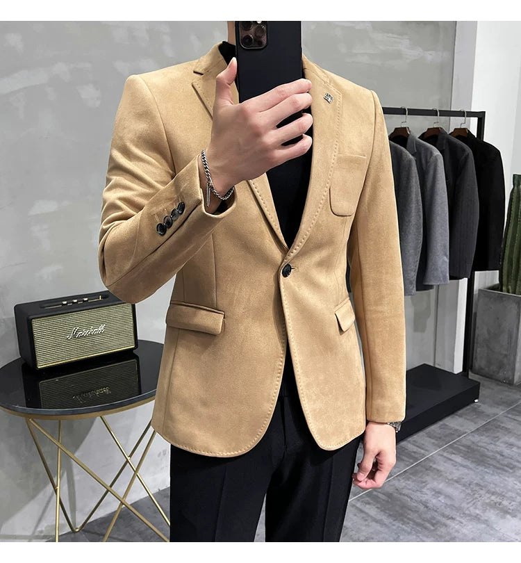 Men's Deerskin Fleece Blazer Single Button Suit Coat