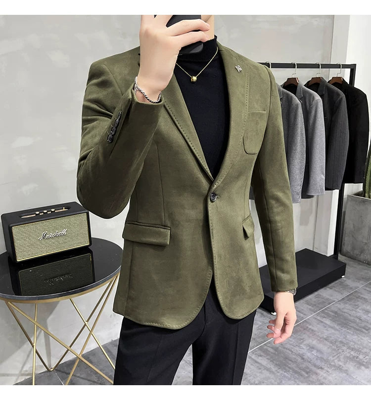 Men's Deerskin Fleece Blazer Single Button Suit Coat