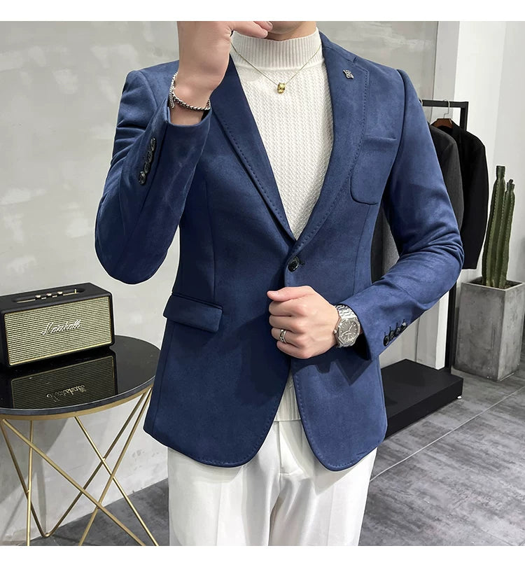 Men's Deerskin Fleece Blazer Single Button Suit Coat