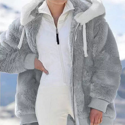 Loose Plush Zipper Hooded Jacket for Women
