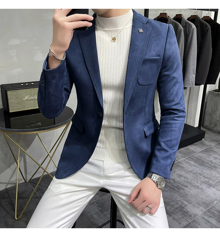 Men's Deerskin Fleece Blazer Single Button Suit Coat