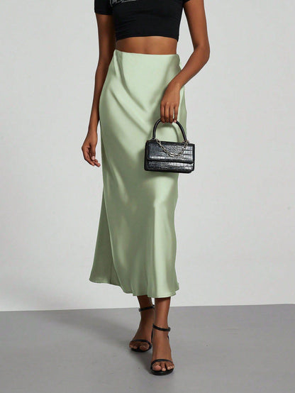 Elegant Satin Midi Skirt in Solid Colors