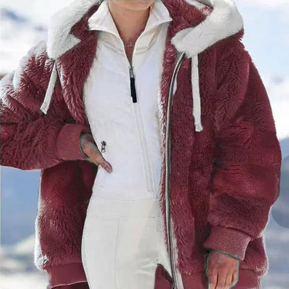 Loose Plush Zipper Hooded Jacket for Women