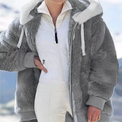 Loose Plush Zipper Hooded Jacket for Women