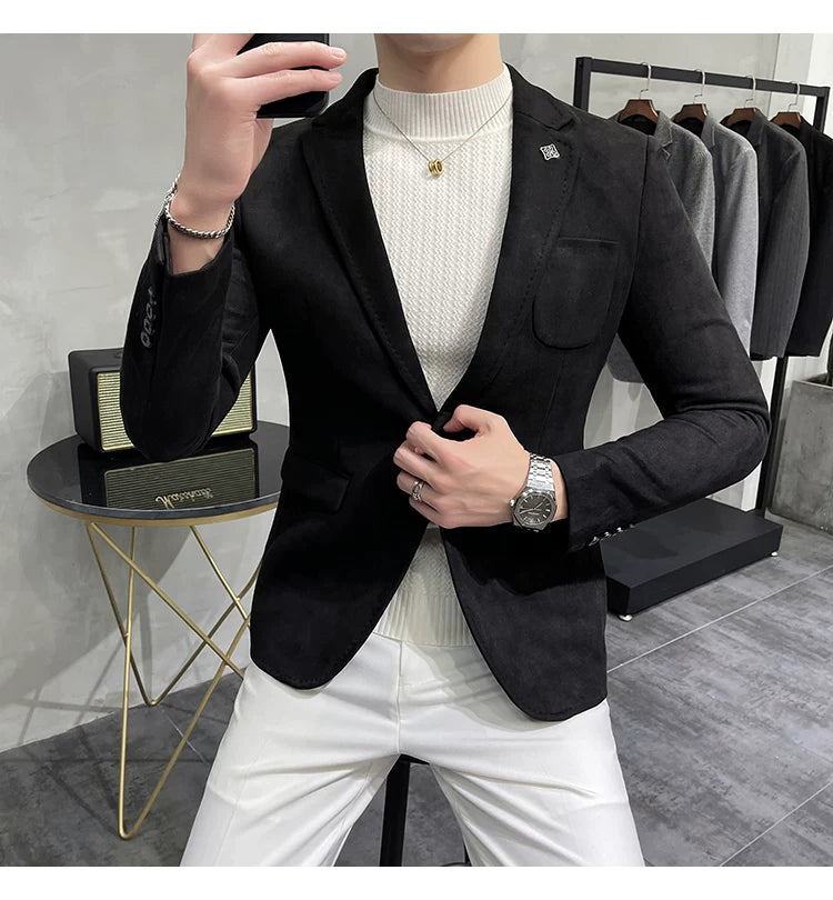 Men's Deerskin Fleece Blazer Single Button Suit Coat