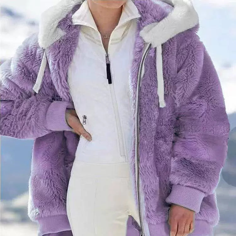 Loose Plush Zipper Hooded Jacket for Women
