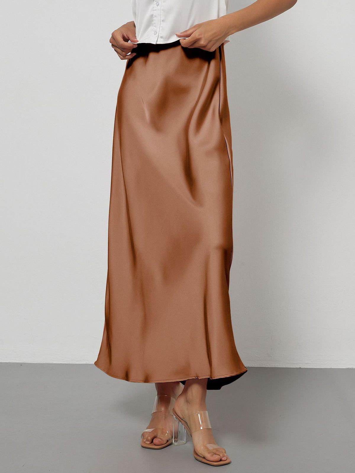 Elegant Satin Midi Skirt in Solid Colors