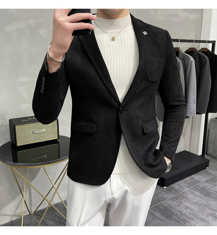 Men's Deerskin Fleece Blazer Single Button Suit Coat