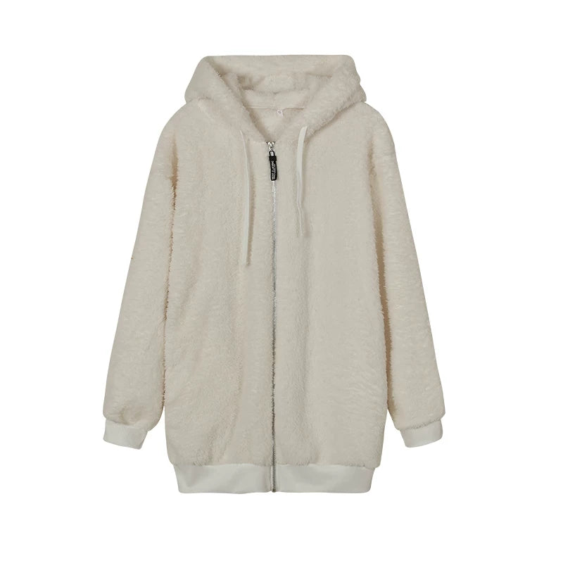 Loose Plush Zipper Hooded Jacket for Women