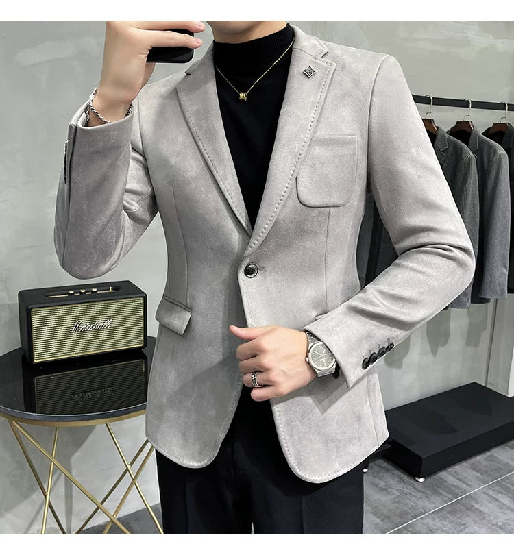 Men's Deerskin Fleece Blazer Single Button Suit Coat