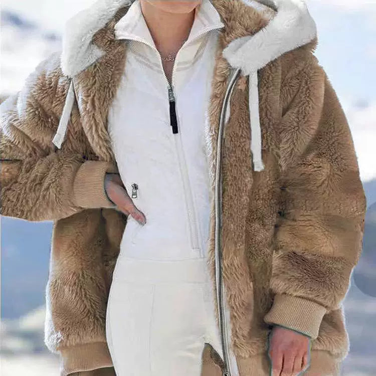 Loose Plush Zipper Hooded Jacket for Women