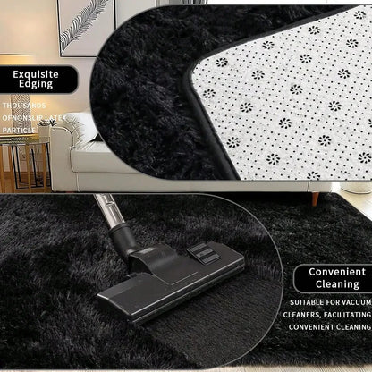 Black Plush Long-Pile Carpet, Soft Non-Slip Rug