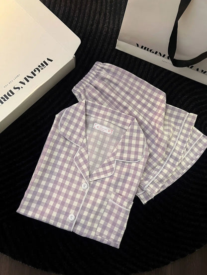 Japanese Minimalist Women's Pink Plaid Pajamas