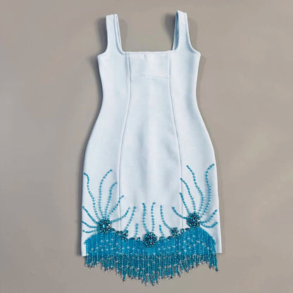 Women Sleeveless Bandage Dress with Beading and Tassels