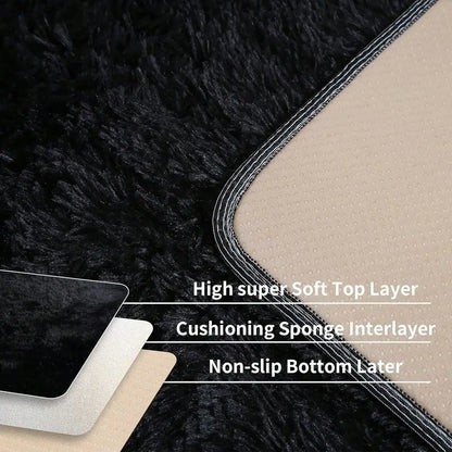 Black Plush Long-Pile Carpet, Soft Non-Slip Rug