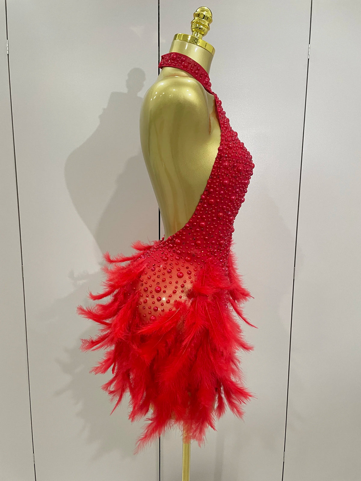 Luxury Rhinestones Pearls Feathers Halter Backless Dress