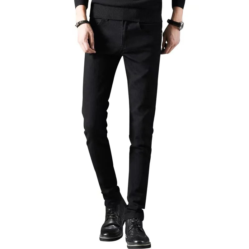 Mens Slim Fit Denim Pencil Pants Black White Stretch Jeans
