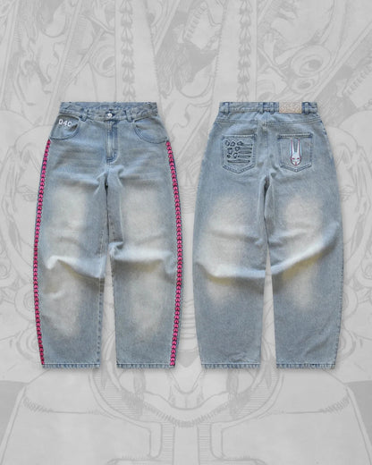 Y2K High Waist Baggy Jeans with Pink Heart Embroidery