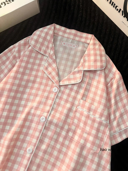 Japanese Minimalist Women's Pink Plaid Pajamas