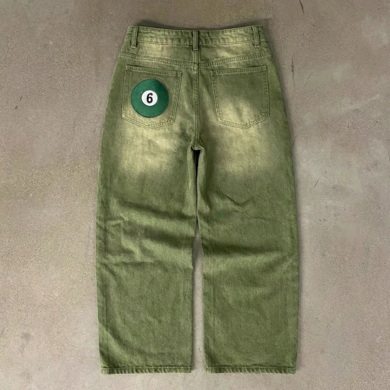 Matcha Green Denim Jeans with Embroidery