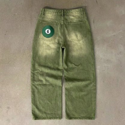 Matcha Green Denim Jeans with Embroidery