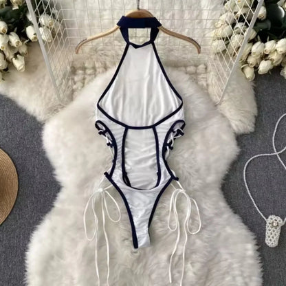 Women Transparent Lace Up Halter Bodysuit Romper