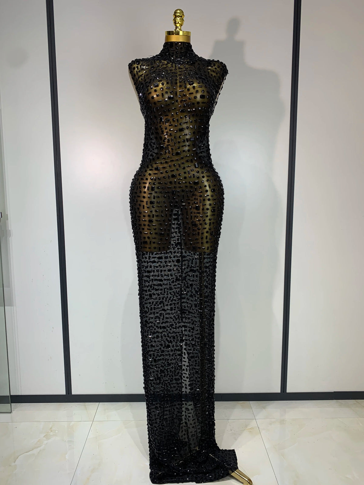 Gold Rhinestone Sleeveless Long Dress for Women