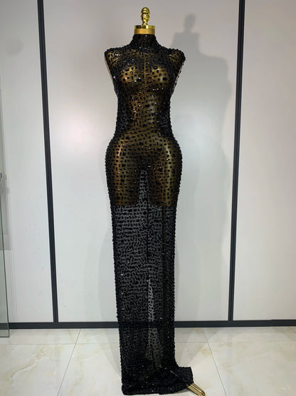 Gold Rhinestone Sleeveless Long Dress for Women