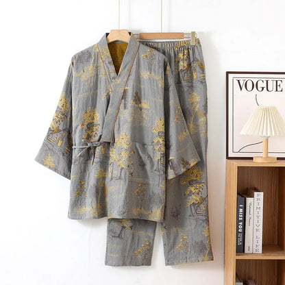 Men's Cotton Kimono Robe and Pajama Set
