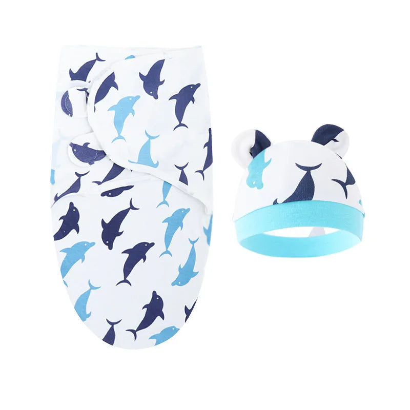 Cartoon Printed Cotton Baby Blanket Hat Set