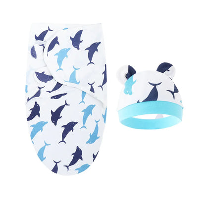 Cartoon Printed Cotton Baby Blanket Hat Set