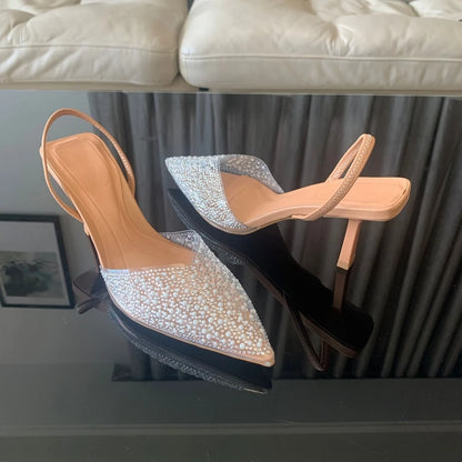 Women High Heels Slingback Pumps with Pearl Decoration