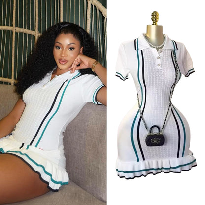 Knitted Mini Dress with Ruffles and Turn-Down Collar
