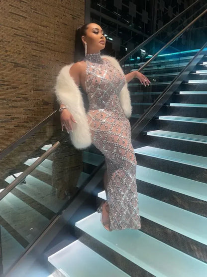 Sparkly Rhinestones Sleeveless Evening Dress for Women