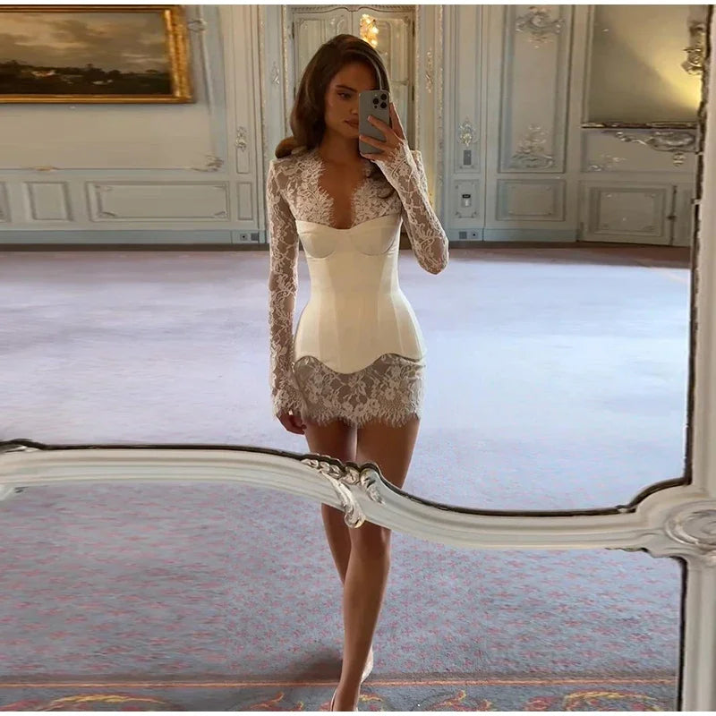Lace Mini Dress for Women with Corset and Long Sleeves
